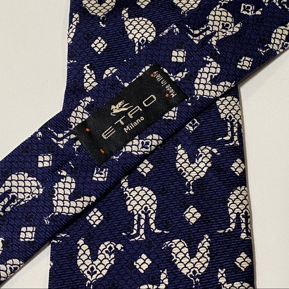 ETRO Signature Rooster Kangaroo Tie Blue White new - Picture 4 of 6